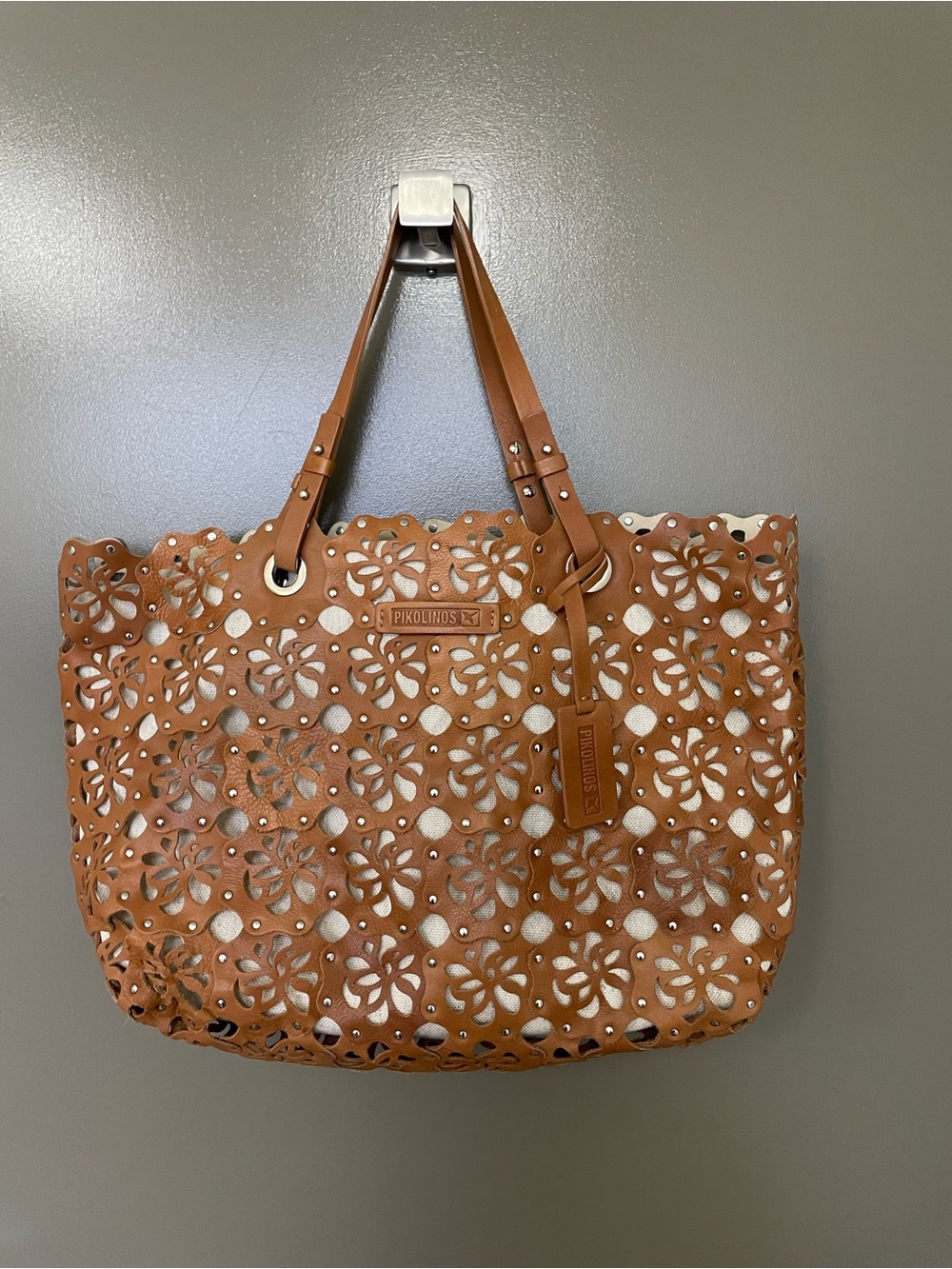 Vintage PIKOLINOS Brown Floral Cutout Leather Tote